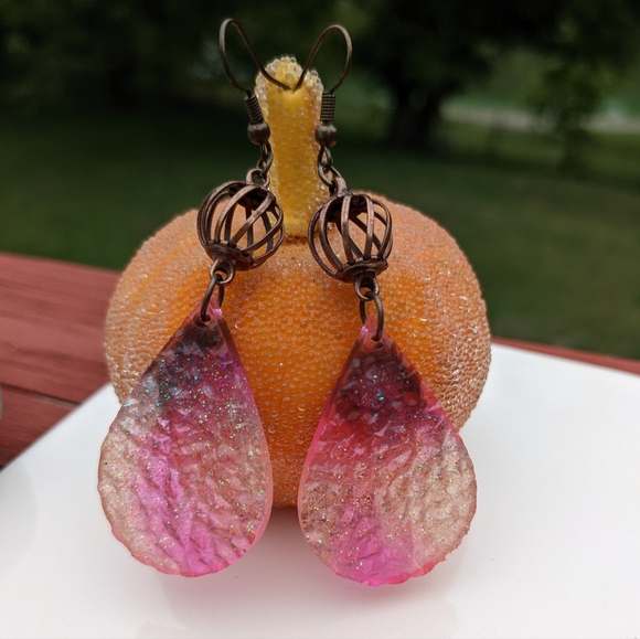 Sparkly Druzy Earrings Handmade Resin Glitter Cute Dangly Brass Unique Festival - Picture 5 of 10